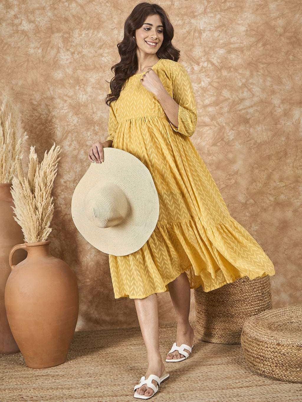 InWeave Yellow Georgette R Neck Dress | Grocsy