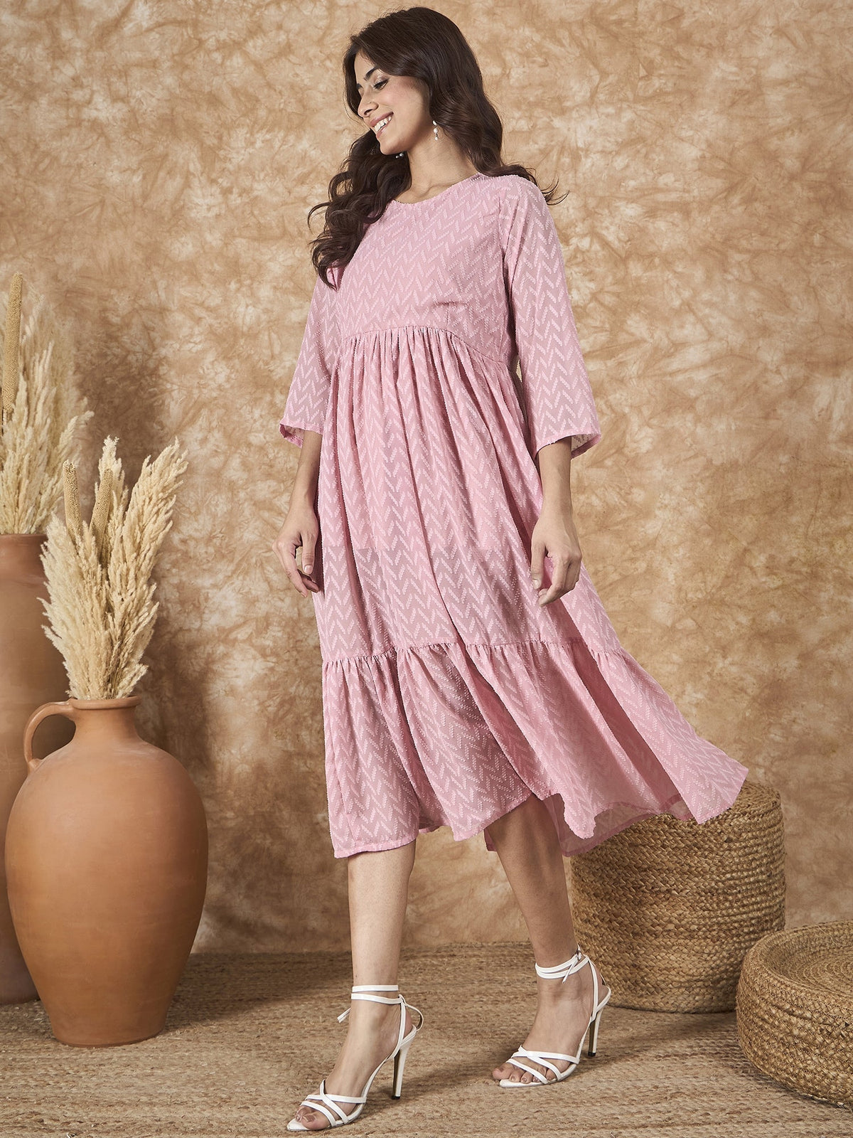 InWeave Light Pink Georgette R Neck Dress | Grocsy