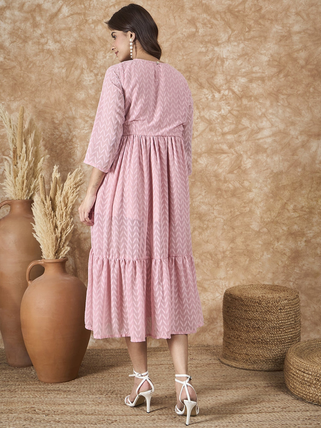 InWeave Light Pink Georgette R Neck Dress | Grocsy