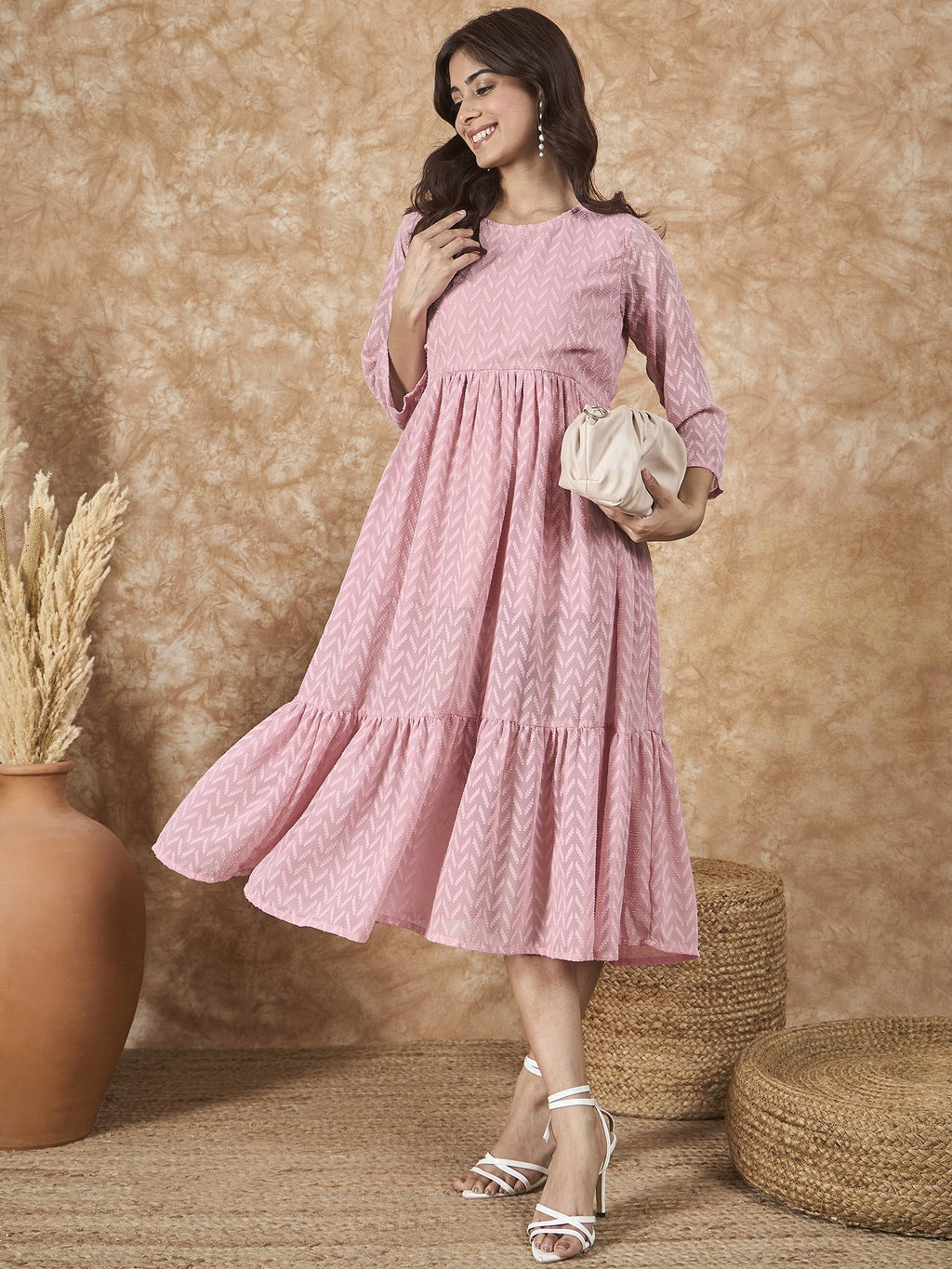 InWeave Light Pink Georgette R Neck Dress | Grocsy