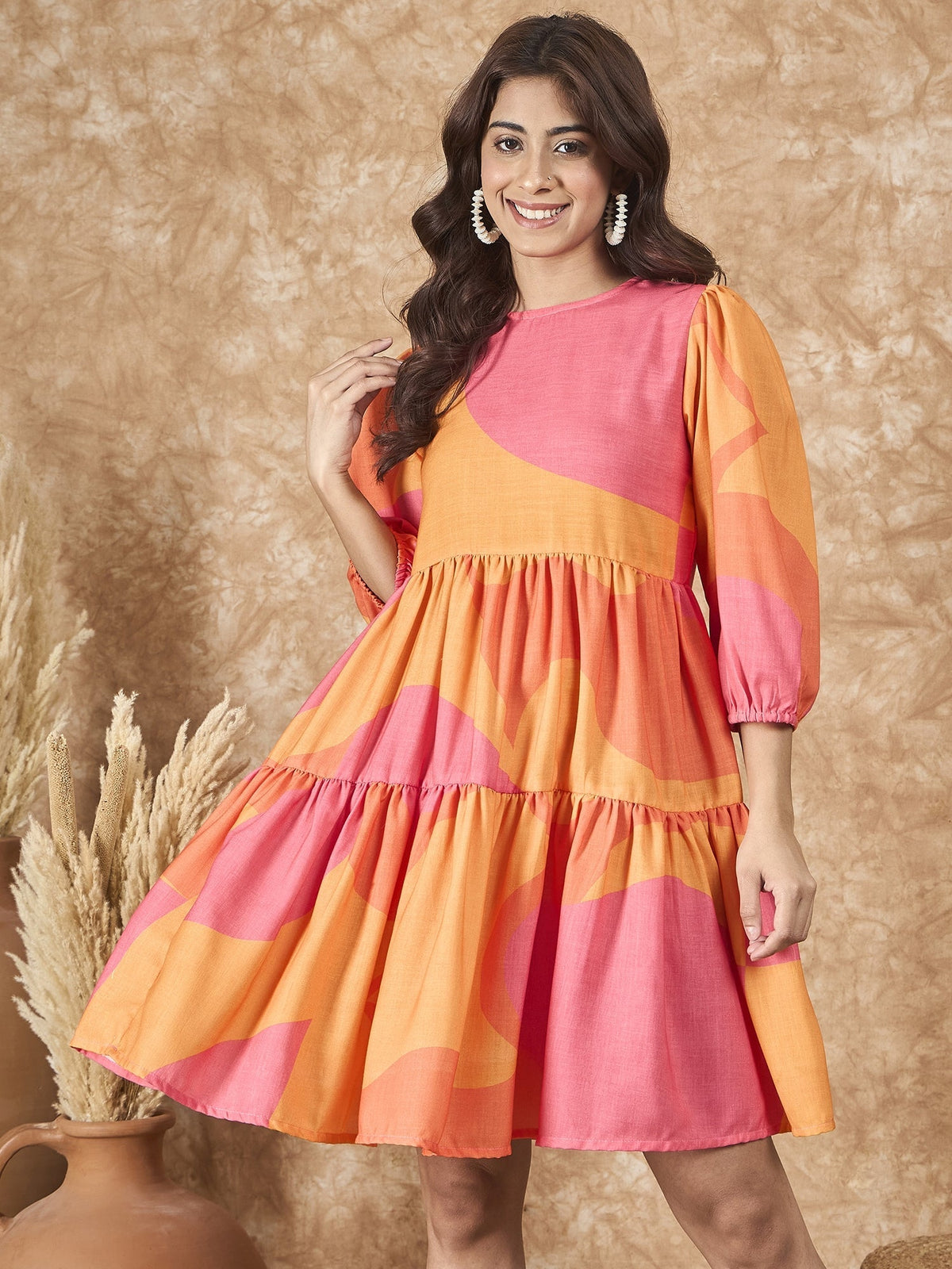InWeave Peach Orange Print Short Dress | Grocsy