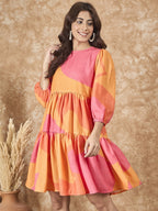 InWeave Peach Orange Print Short Dress | Grocsy