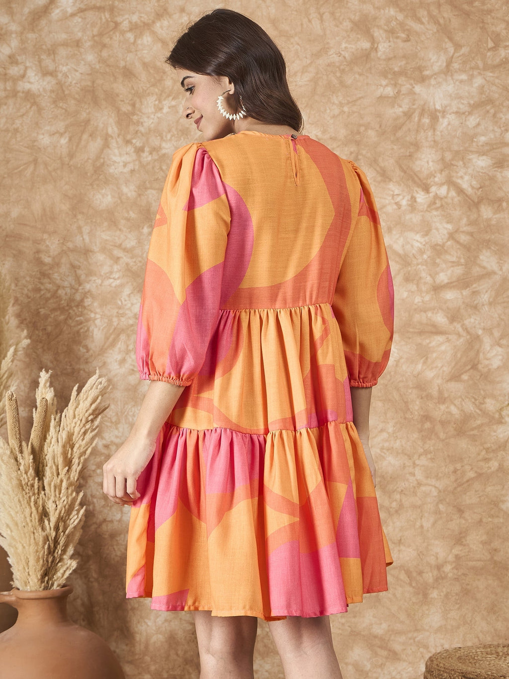 InWeave Peach Orange Print Short Dress | Grocsy