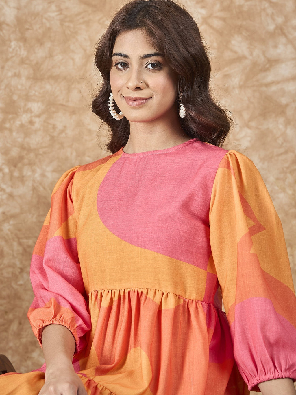 InWeave Peach Orange Print Short Dress | Grocsy