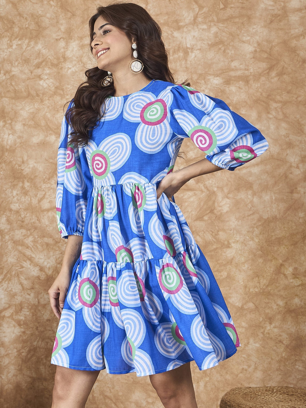 InWeave Blue White Flower Short Dress | Grocsy