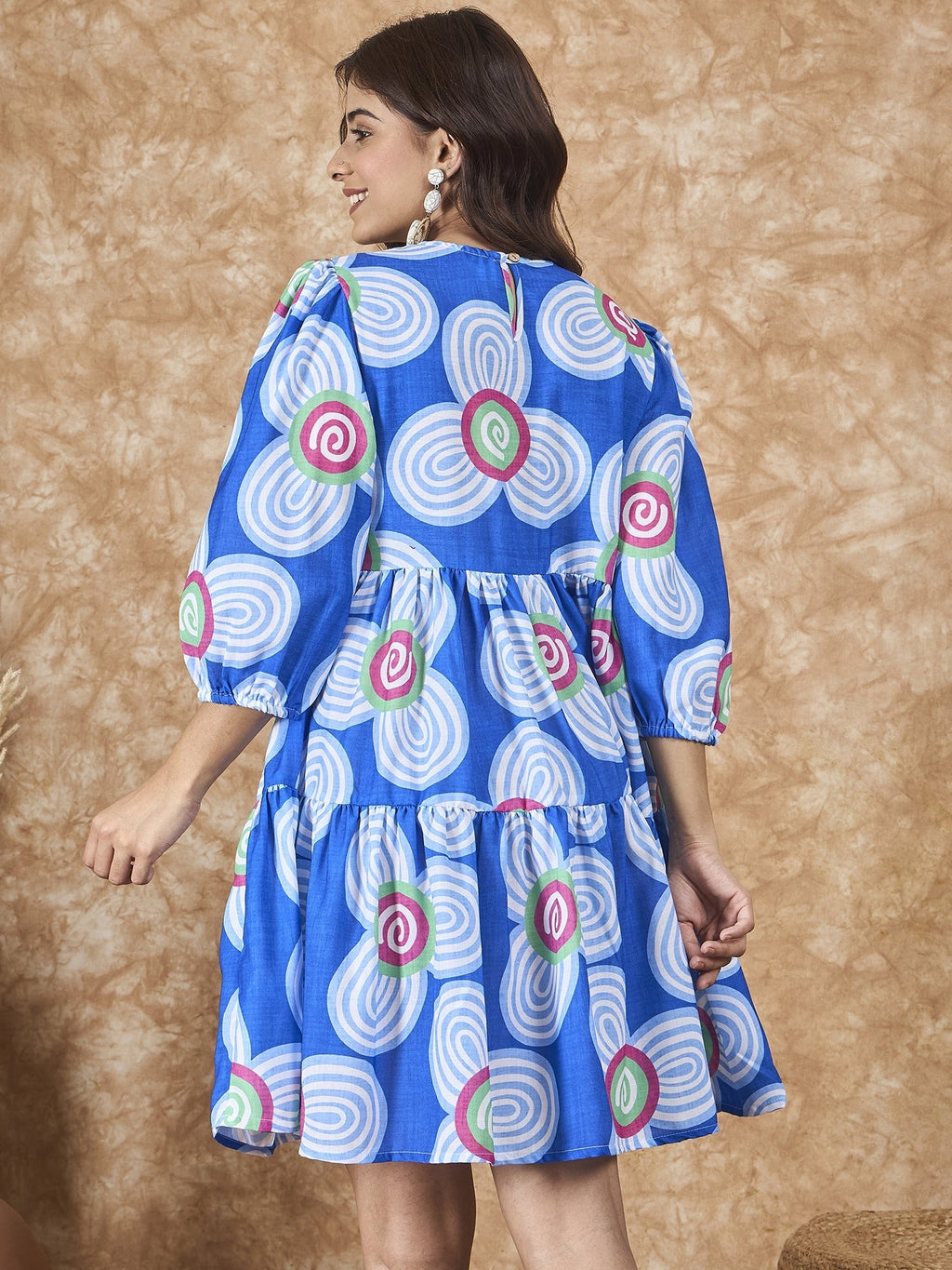 InWeave Blue White Flower Short Dress | Grocsy