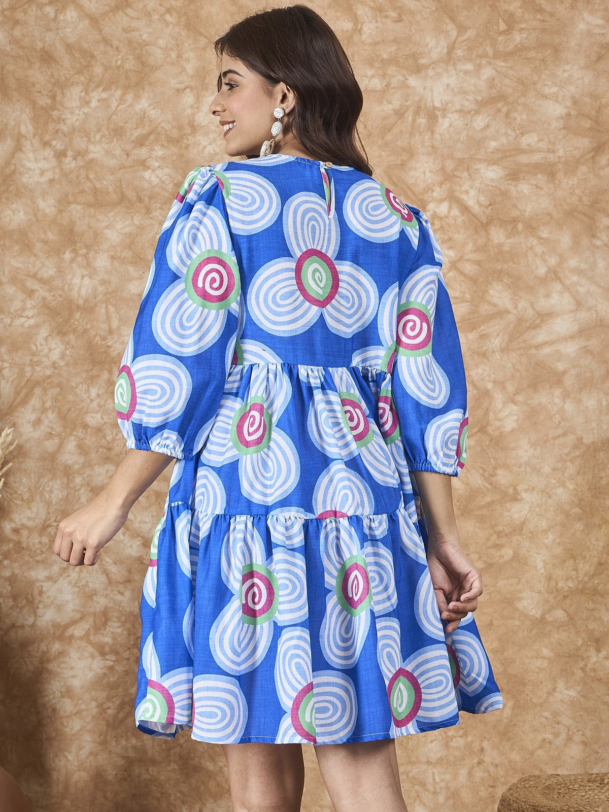 InWeave Blue White Flower Short Dress | Grocsy