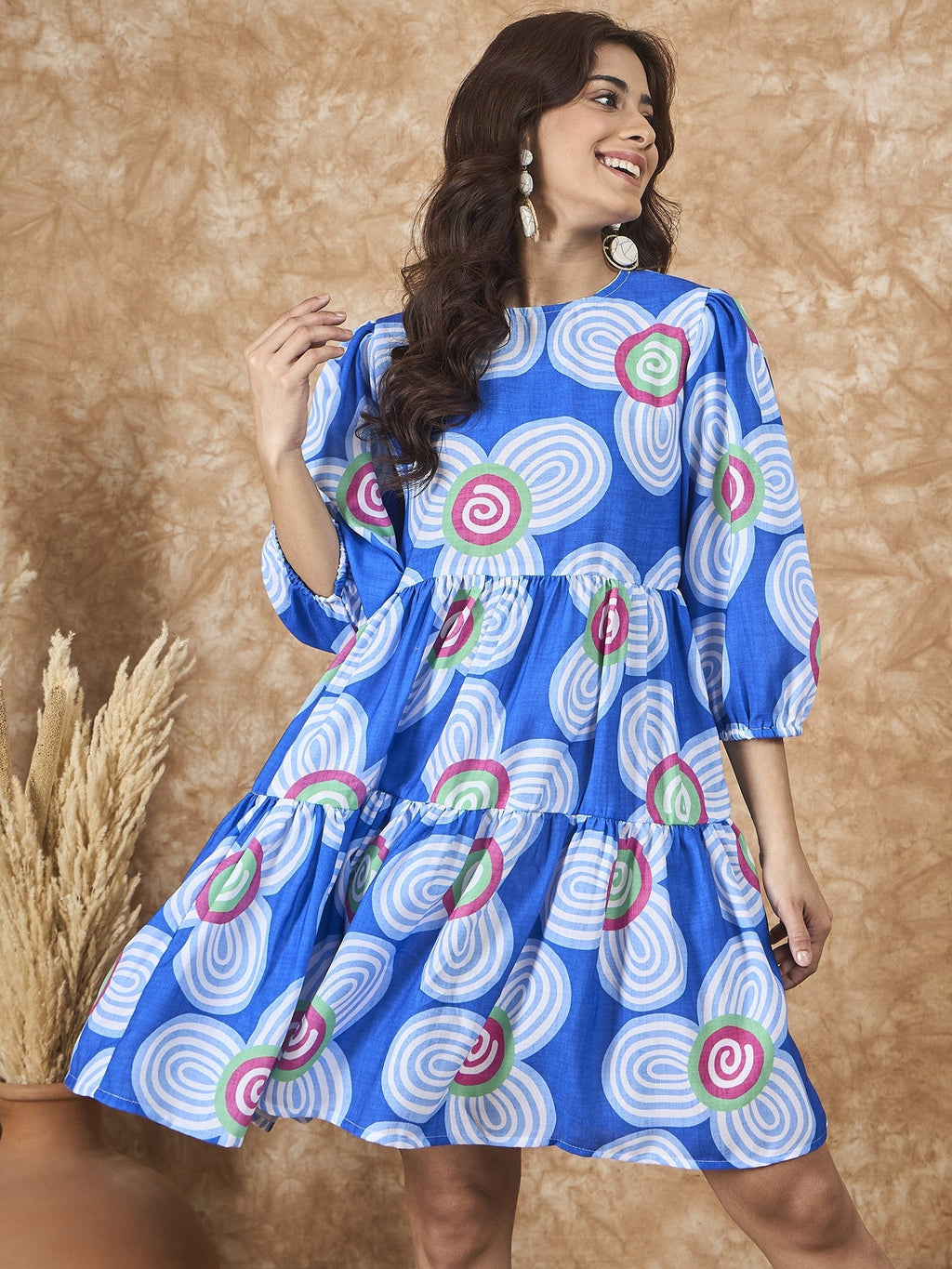 InWeave Blue White Flower Short Dress | Grocsy