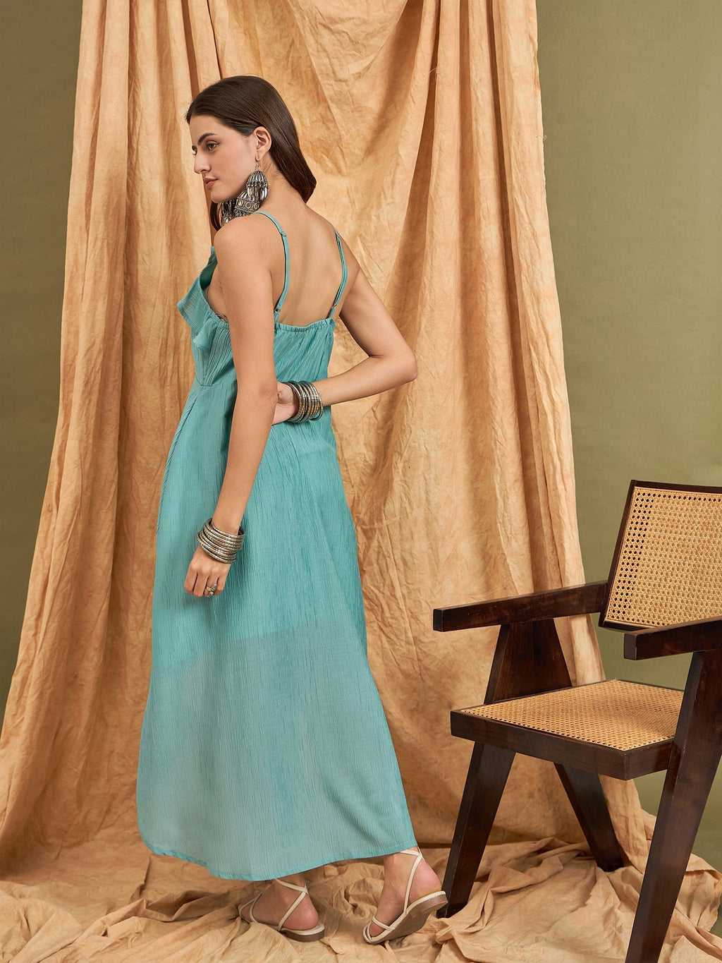 InWeave Cadet Blue Chiffon Frill Dress | Grocsy