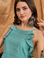 InWeave Cadet Blue Chiffon Frill Dress | Grocsy