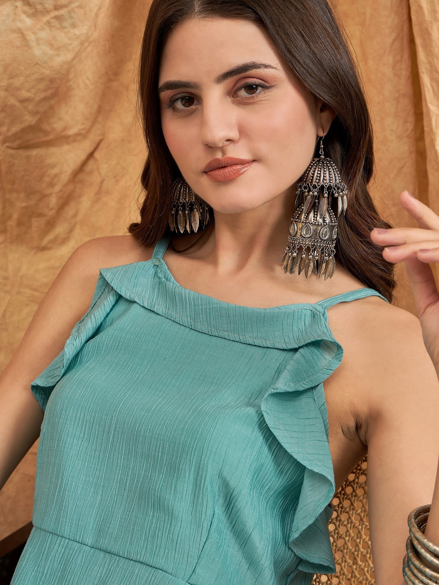 InWeave Cadet Blue Chiffon Frill Dress | Grocsy