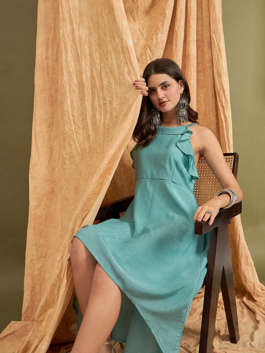 InWeave Cadet Blue Chiffon Frill Dress | Grocsy