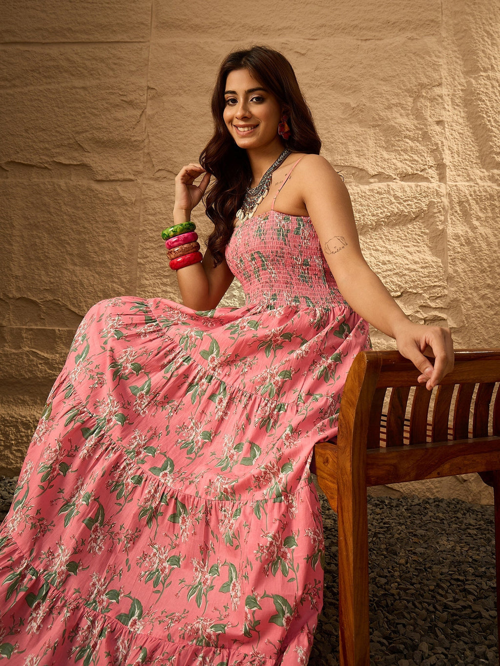 InWeave Peach Floral Print Tiered Dress | Grocsy