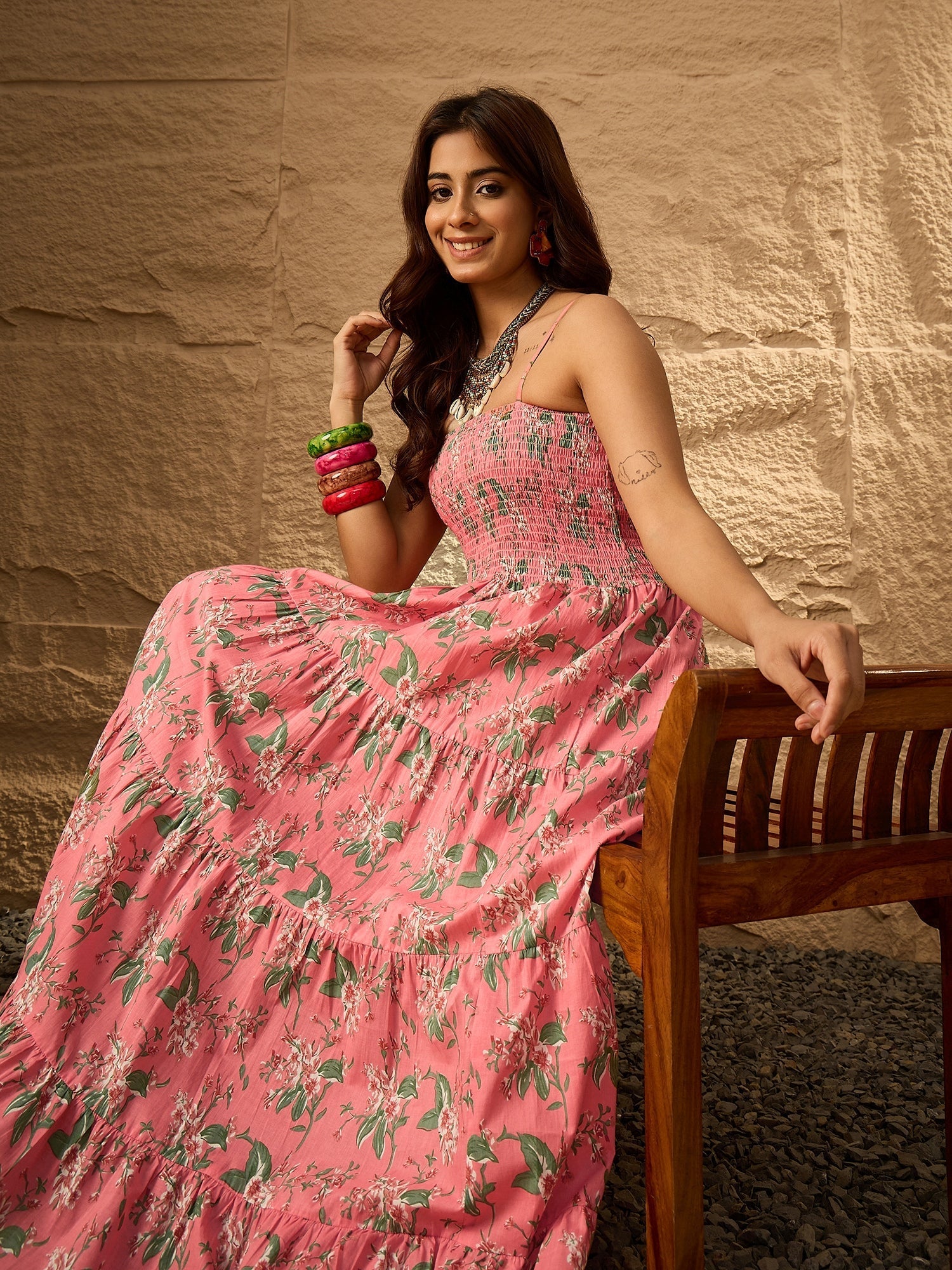 InWeave Peach Floral Print Tiered Dress | Grocsy