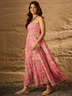 InWeave Peach Floral Print Tiered Dress | Grocsy