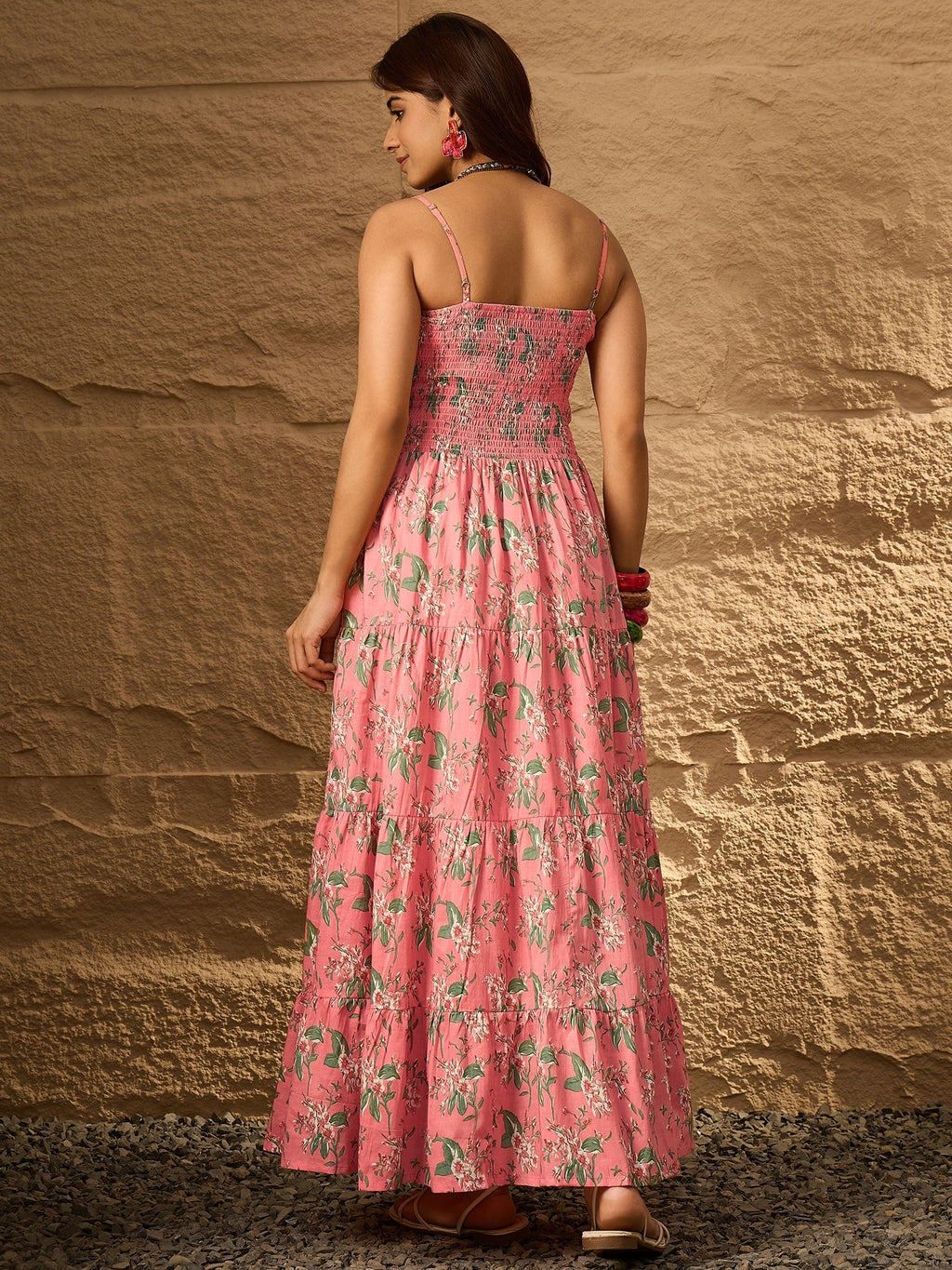 InWeave Peach Floral Print Tiered Dress | Grocsy