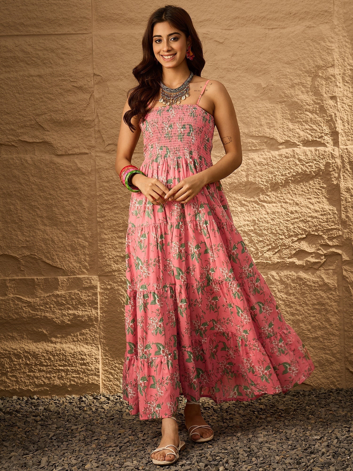 InWeave Peach Floral Print Tiered Dress | Grocsy