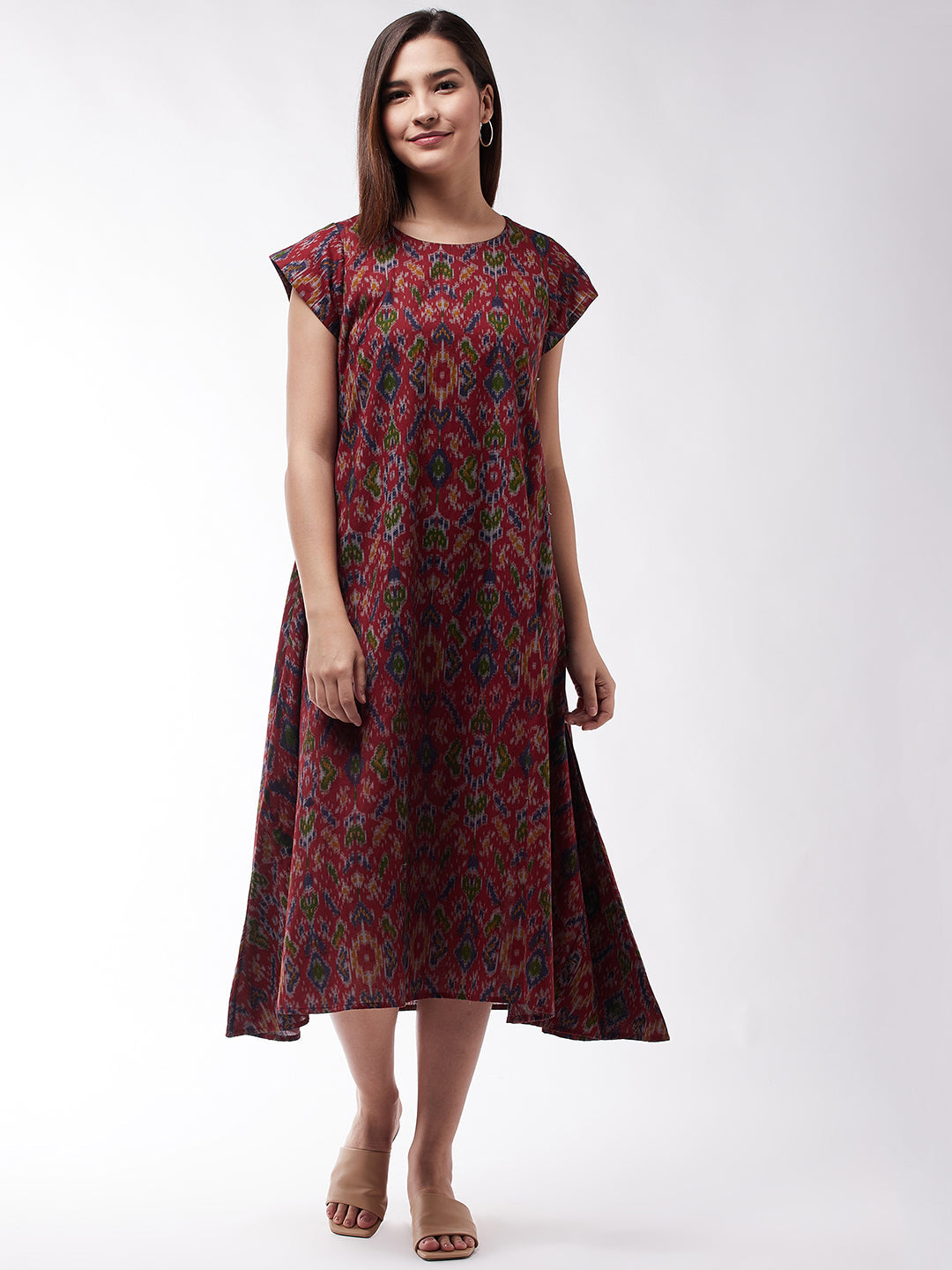 InWeave Abstract A- Line Ikkat Print Dress | Grocsy