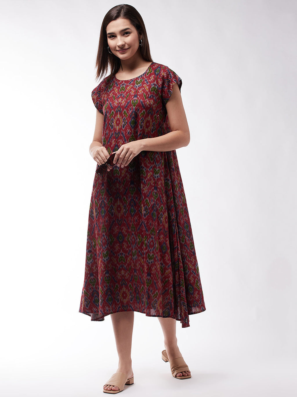 InWeave Abstract A- Line Ikkat Print Dress | Grocsy