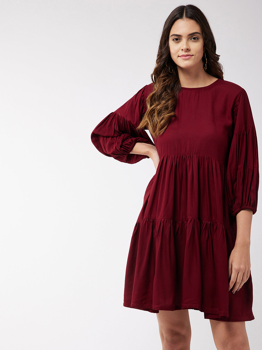 InWeave Women's Barn Red Flared Short Dress | Grocsy