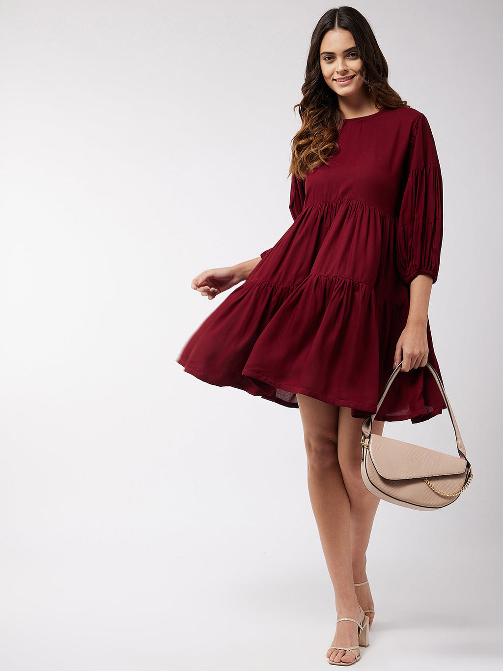 InWeave Women's Barn Red Flared Short Dress | Grocsy