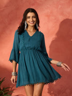InWeave Teal Lurex Dress With Lace | Grocsy