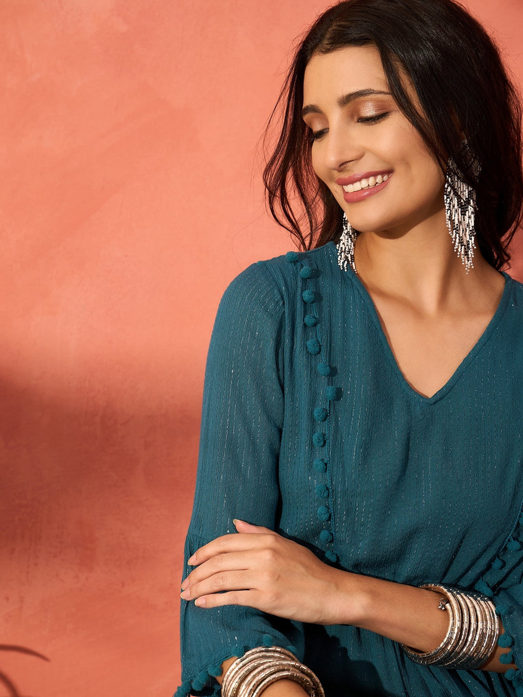 InWeave Teal Lurex Dress With Lace | Grocsy