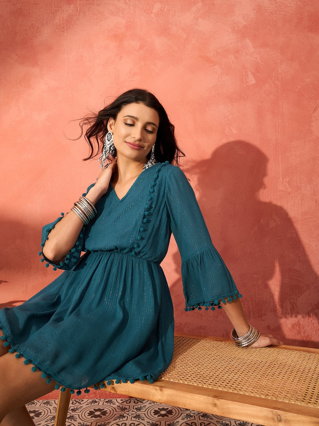 InWeave Teal Lurex Dress With Lace | Grocsy