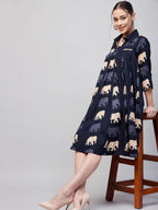 InWeave Women's Blue Elephant Print Flared Dress | Grocsy