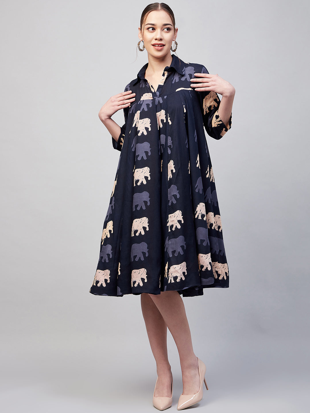 InWeave Women's Blue Elephant Print Flared Dress | Grocsy