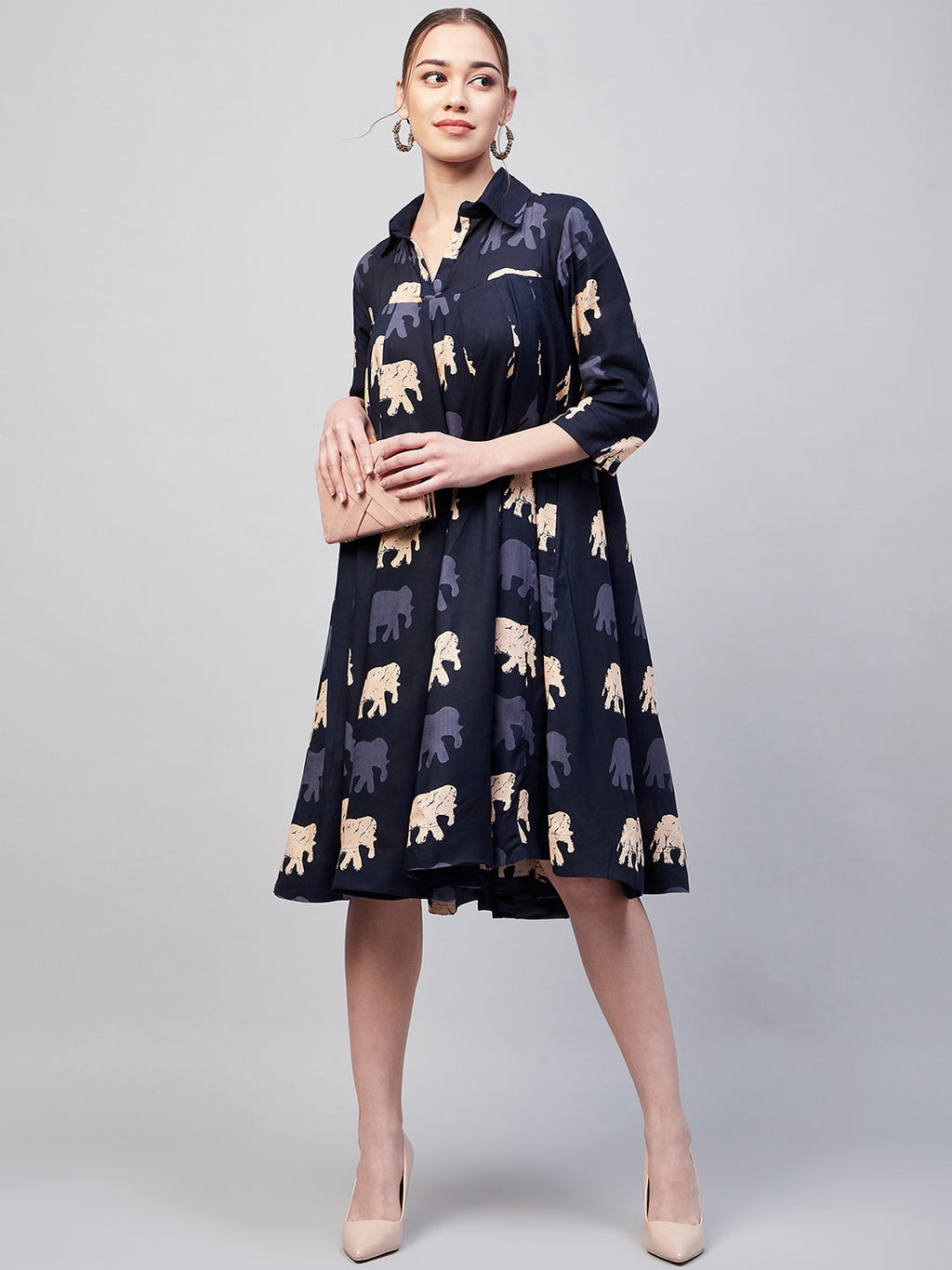 InWeave Women's Blue Elephant Print Flared Dress | Grocsy