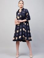 InWeave Women's Blue Elephant Print Flared Dress | Grocsy