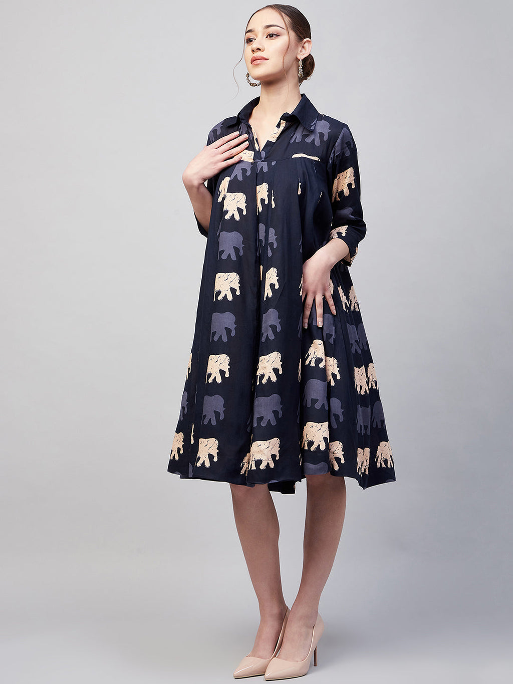 InWeave Women's Blue Elephant Print Flared Dress | Grocsy