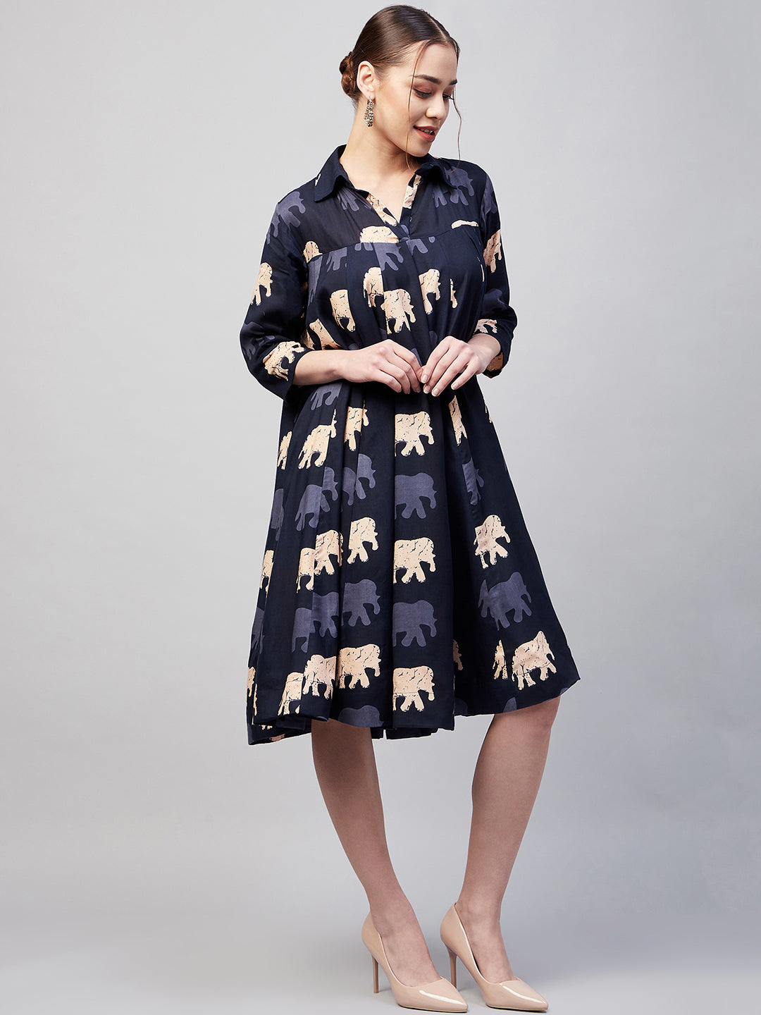 InWeave Women's Blue Elephant Print Flared Dress | Grocsy