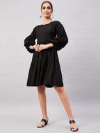 InWeave Solid Black Flared Dress | Grocsy