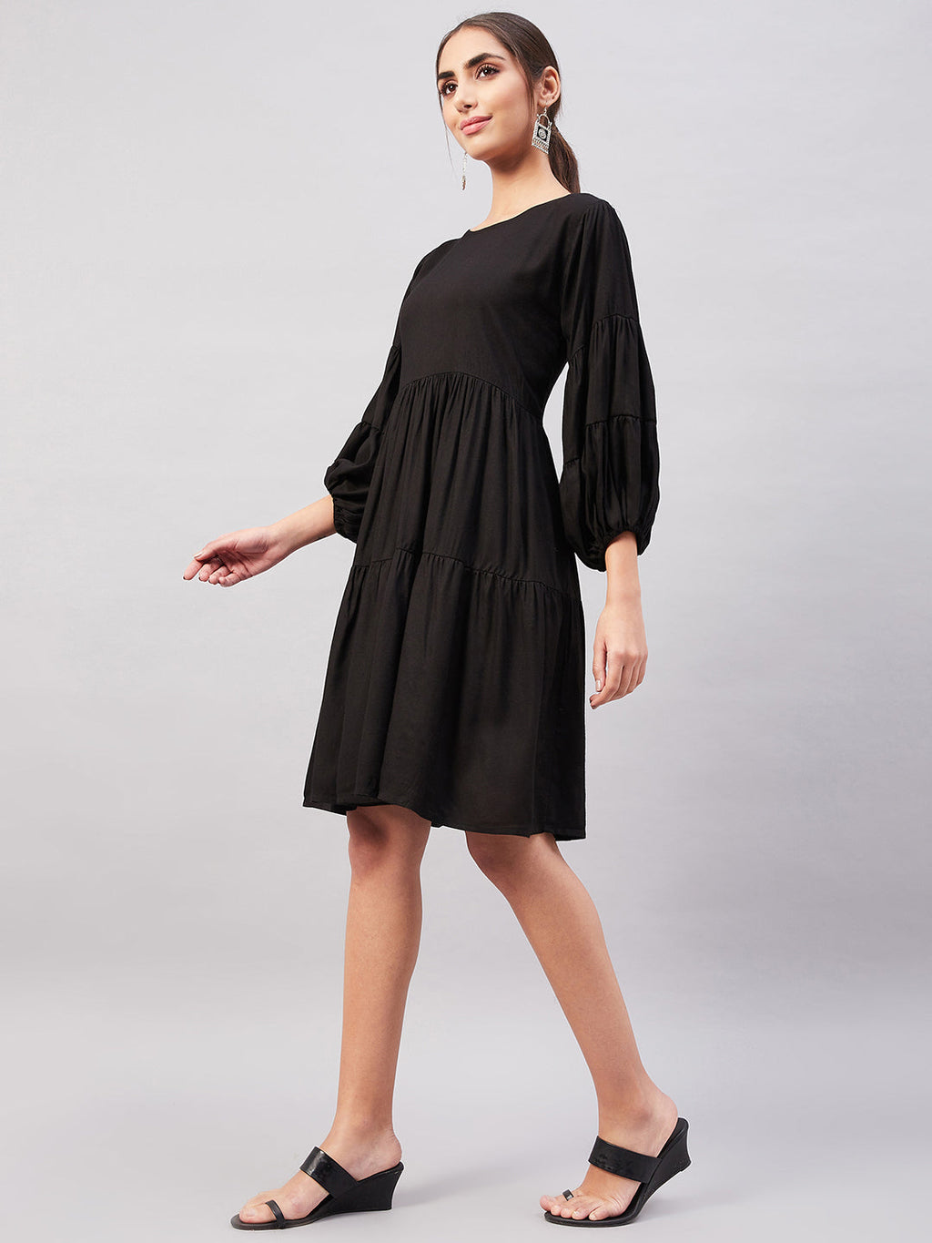 InWeave Solid Black Flared Dress | Grocsy