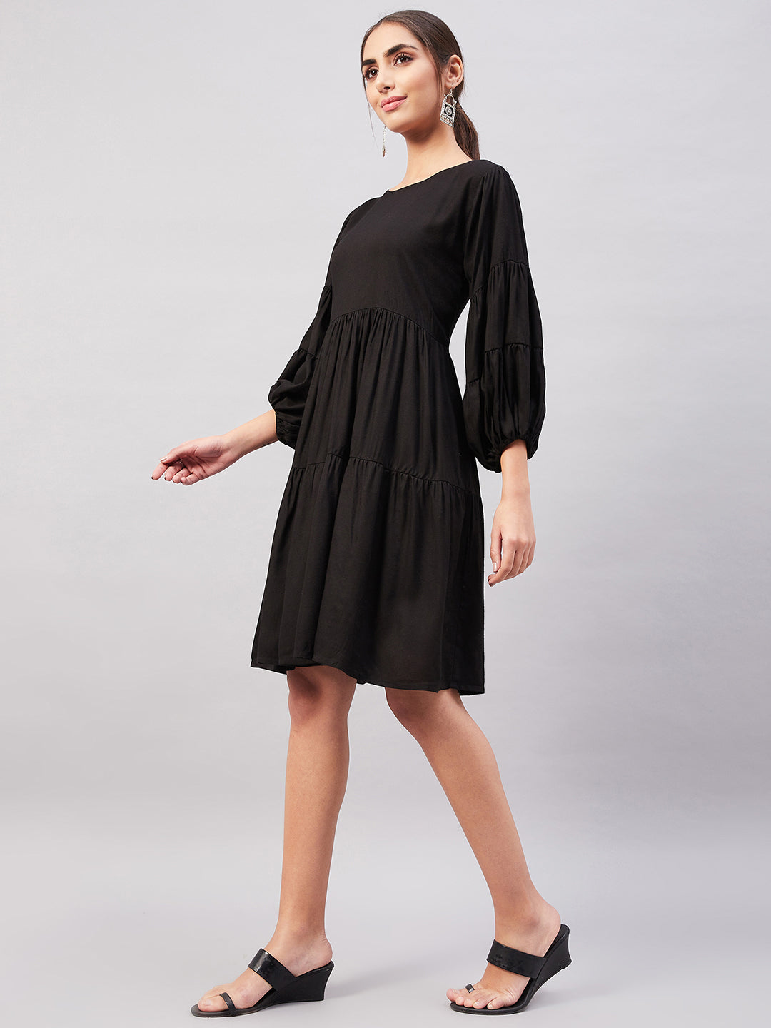 InWeave Solid Black Flared Dress | Grocsy