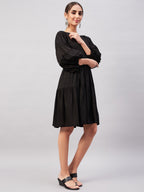InWeave Solid Black Flared Dress | Grocsy