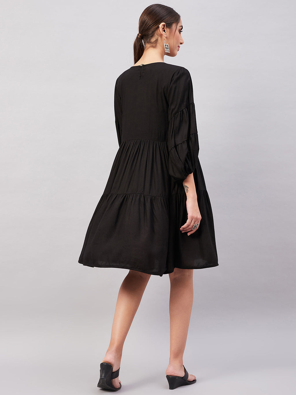 InWeave Solid Black Flared Dress | Grocsy
