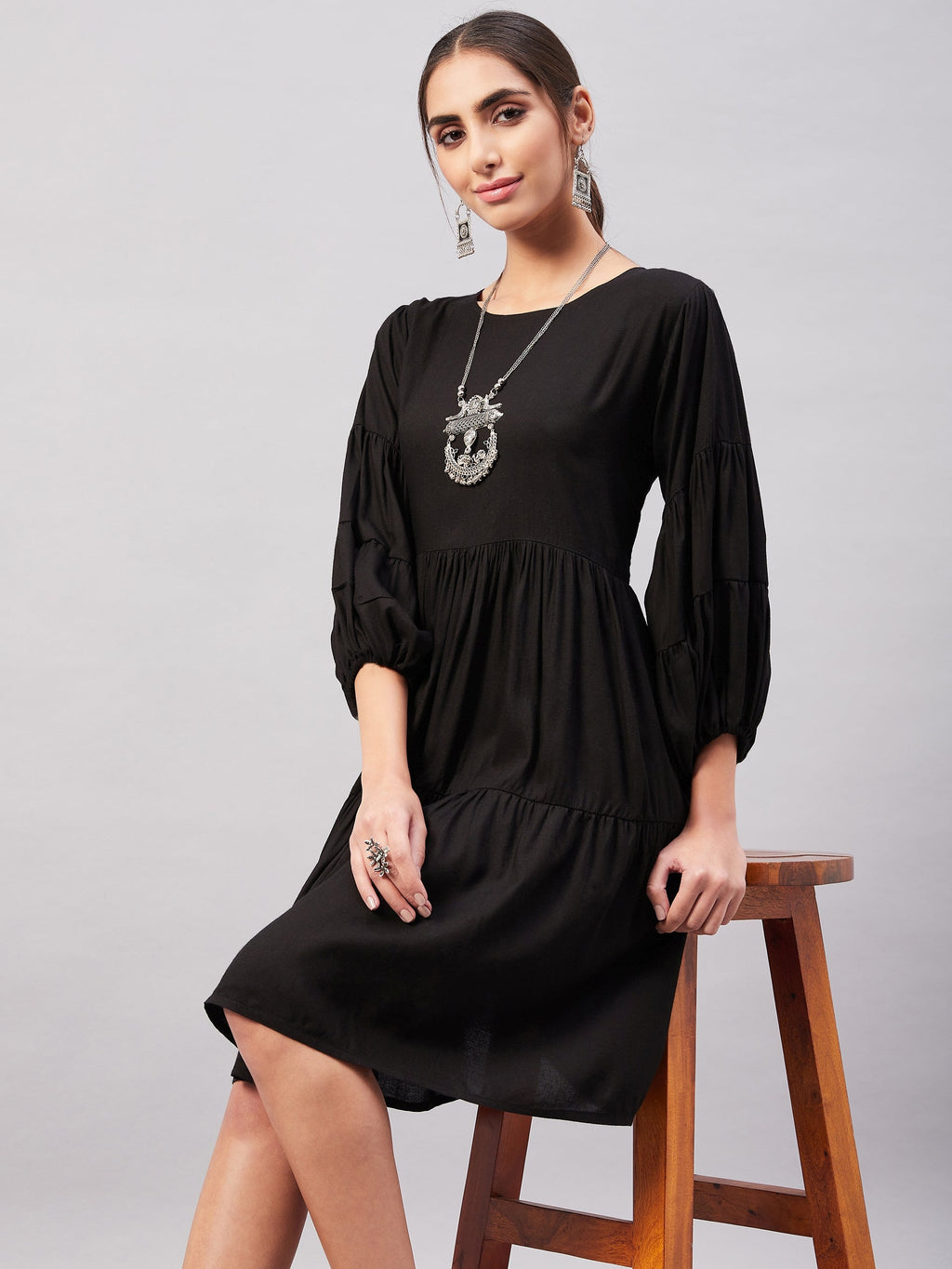 InWeave Solid Black Flared Dress | Grocsy