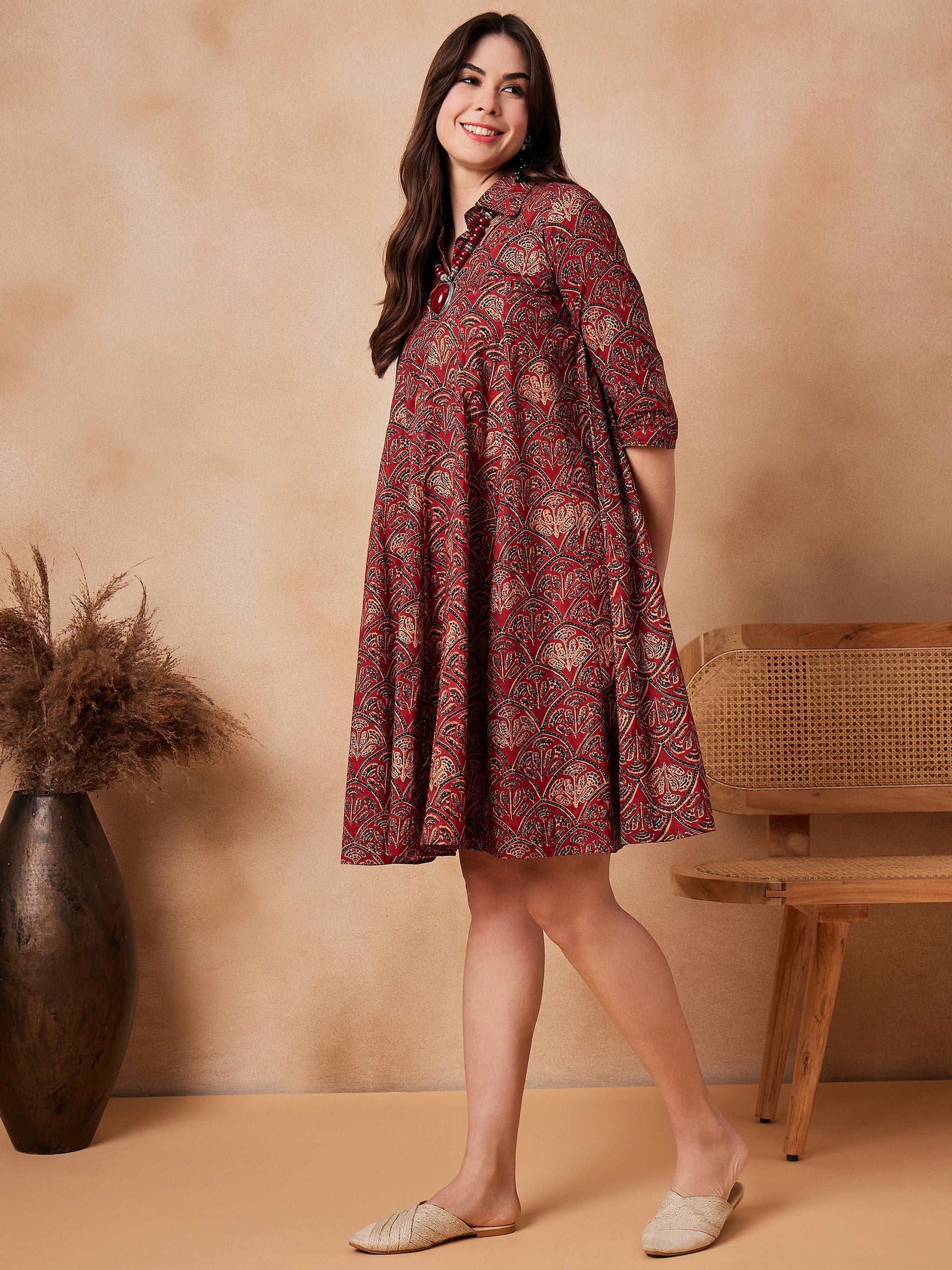 InWeave Rust Scales Printed Flared Dress | Grocsy