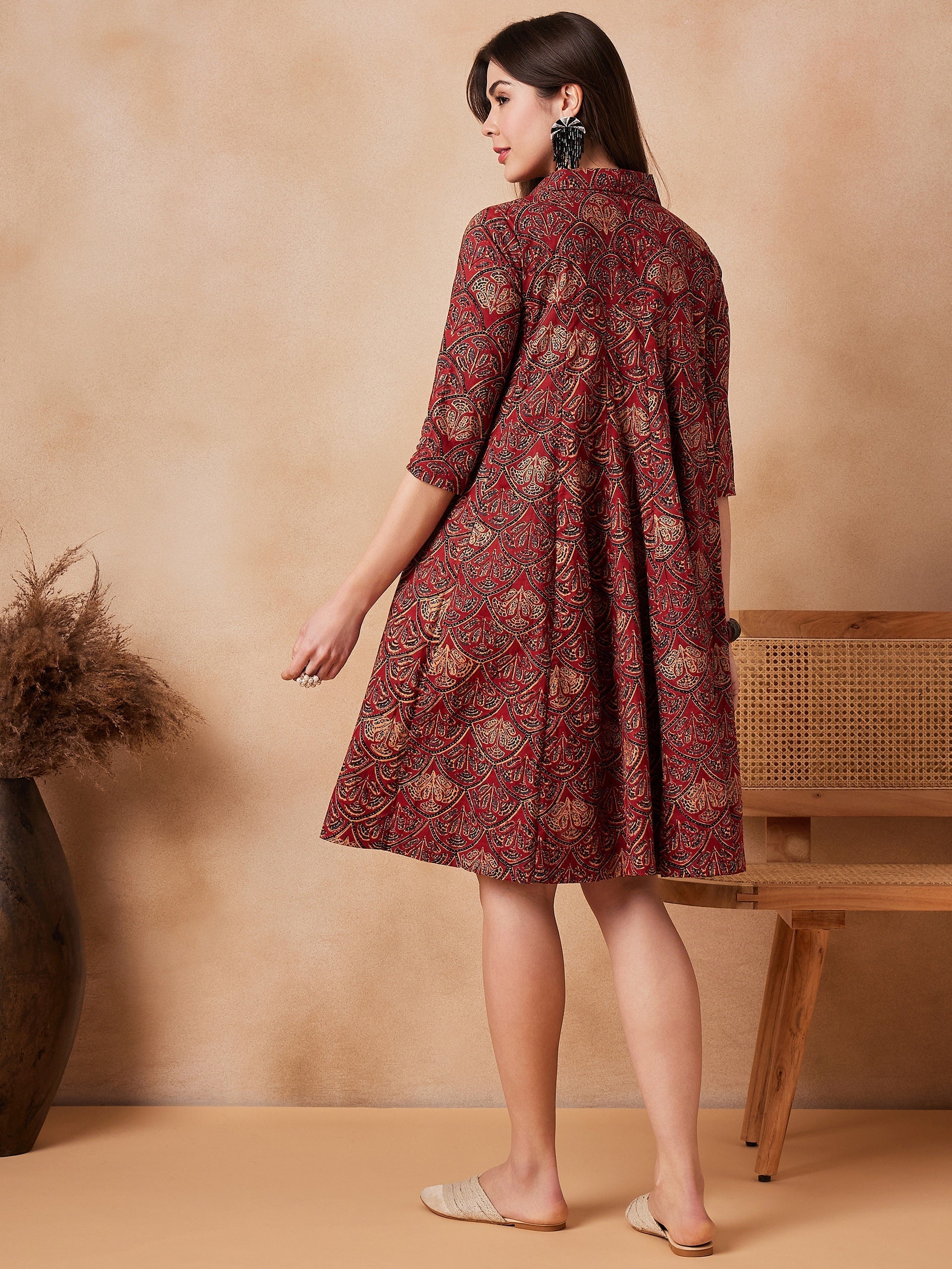 InWeave Rust Scales Printed Flared Dress | Grocsy