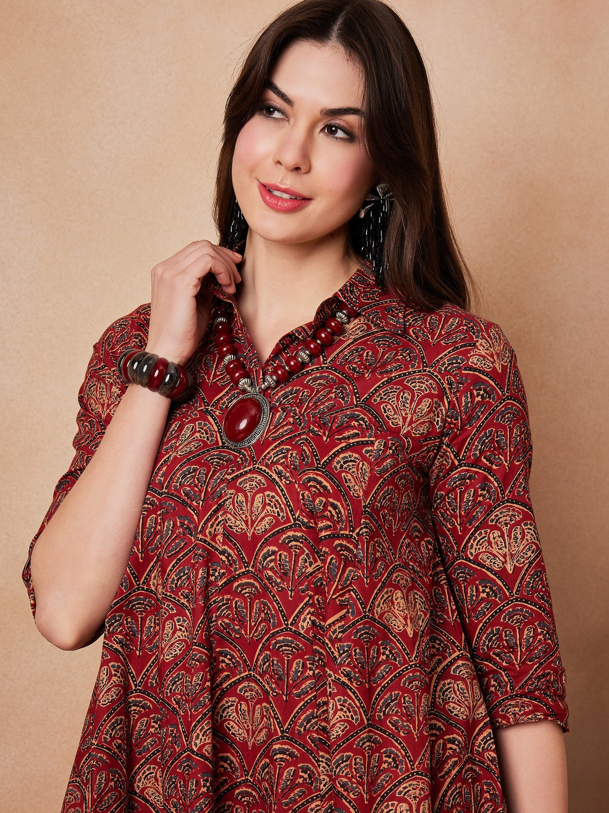InWeave Rust Scales Printed Flared Dress | Grocsy