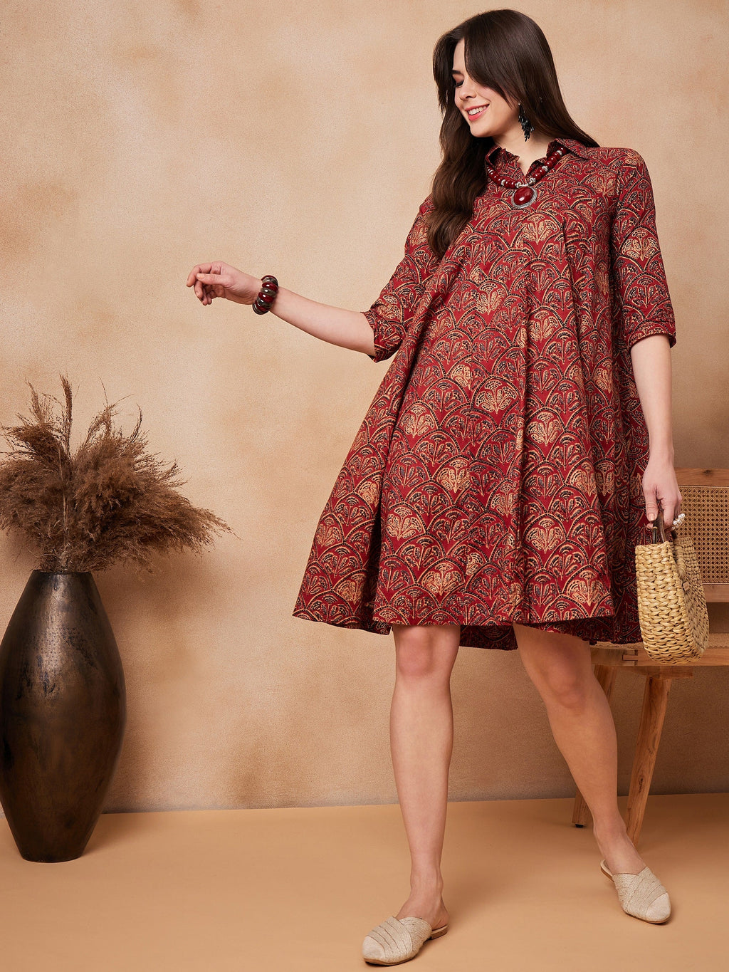 InWeave Rust Scales Printed Flared Dress | Grocsy