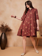 InWeave Rust Scales Printed Flared Dress | Grocsy