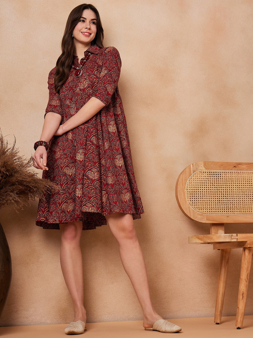 InWeave Rust Scales Printed Flared Dress | Grocsy