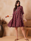 InWeave Burgundy Floral Boota Print Flared Dress | Grocsy