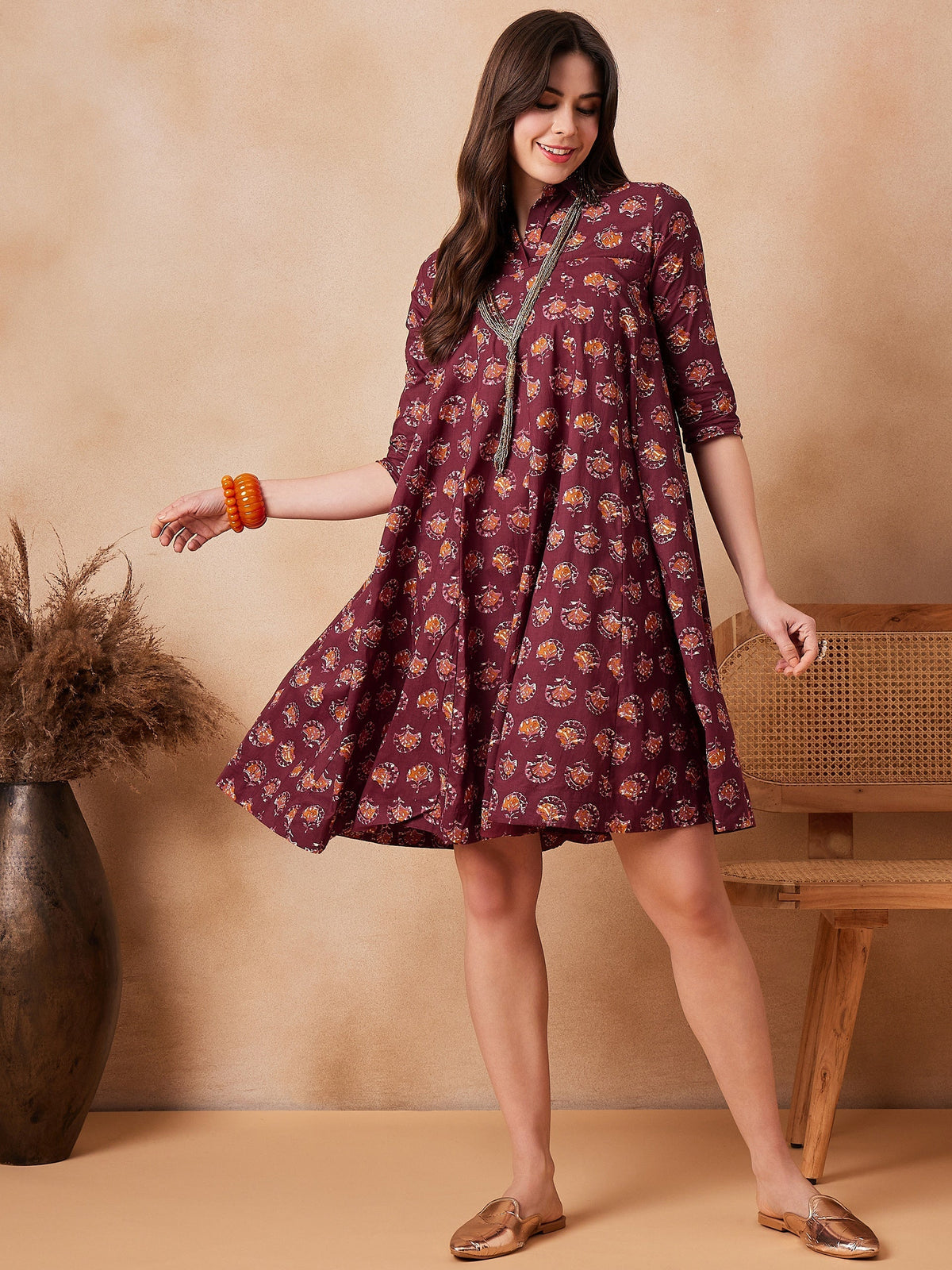 InWeave Burgundy Floral Boota Print Flared Dress | Grocsy