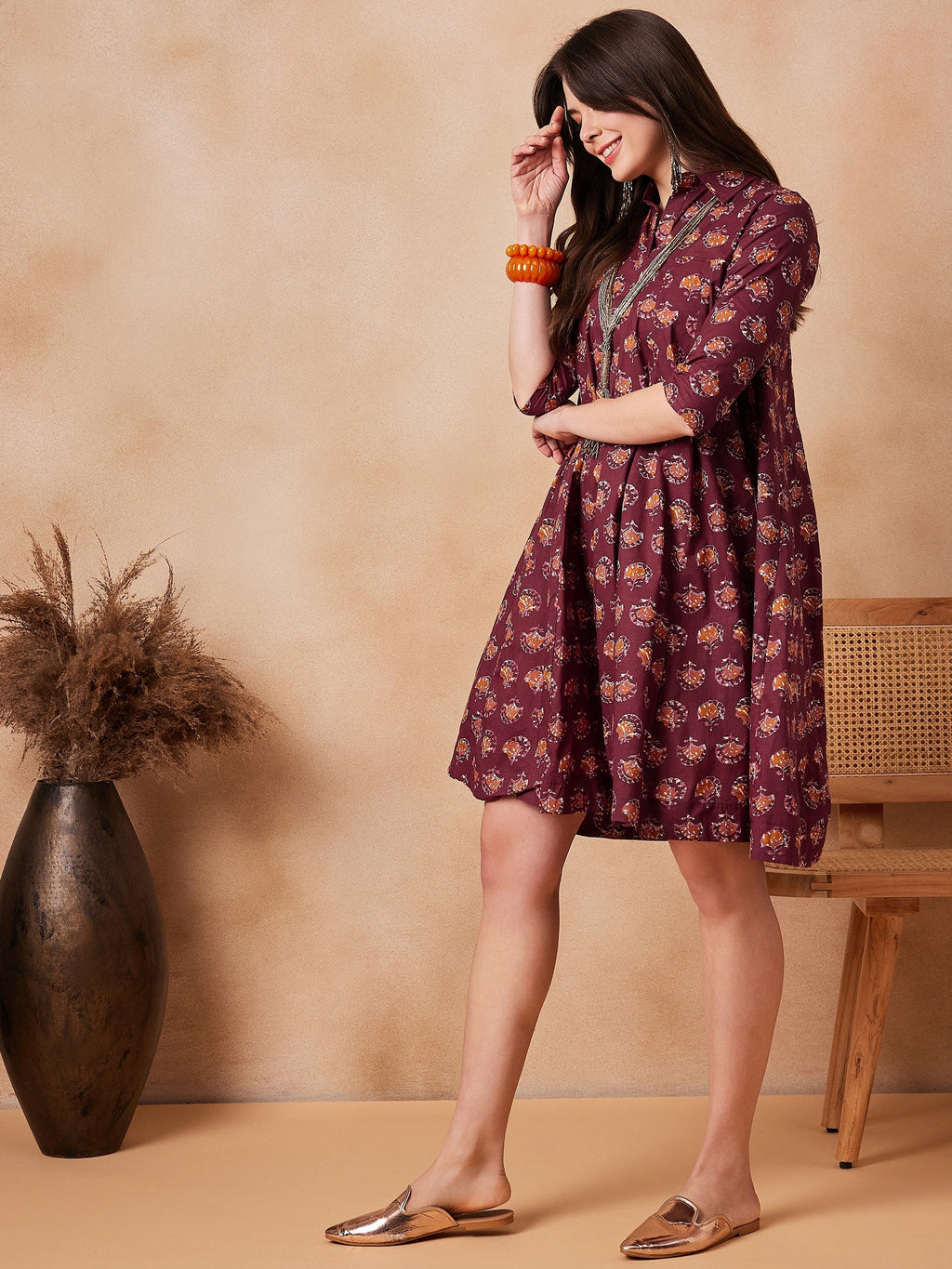 InWeave Burgundy Floral Boota Print Flared Dress | Grocsy