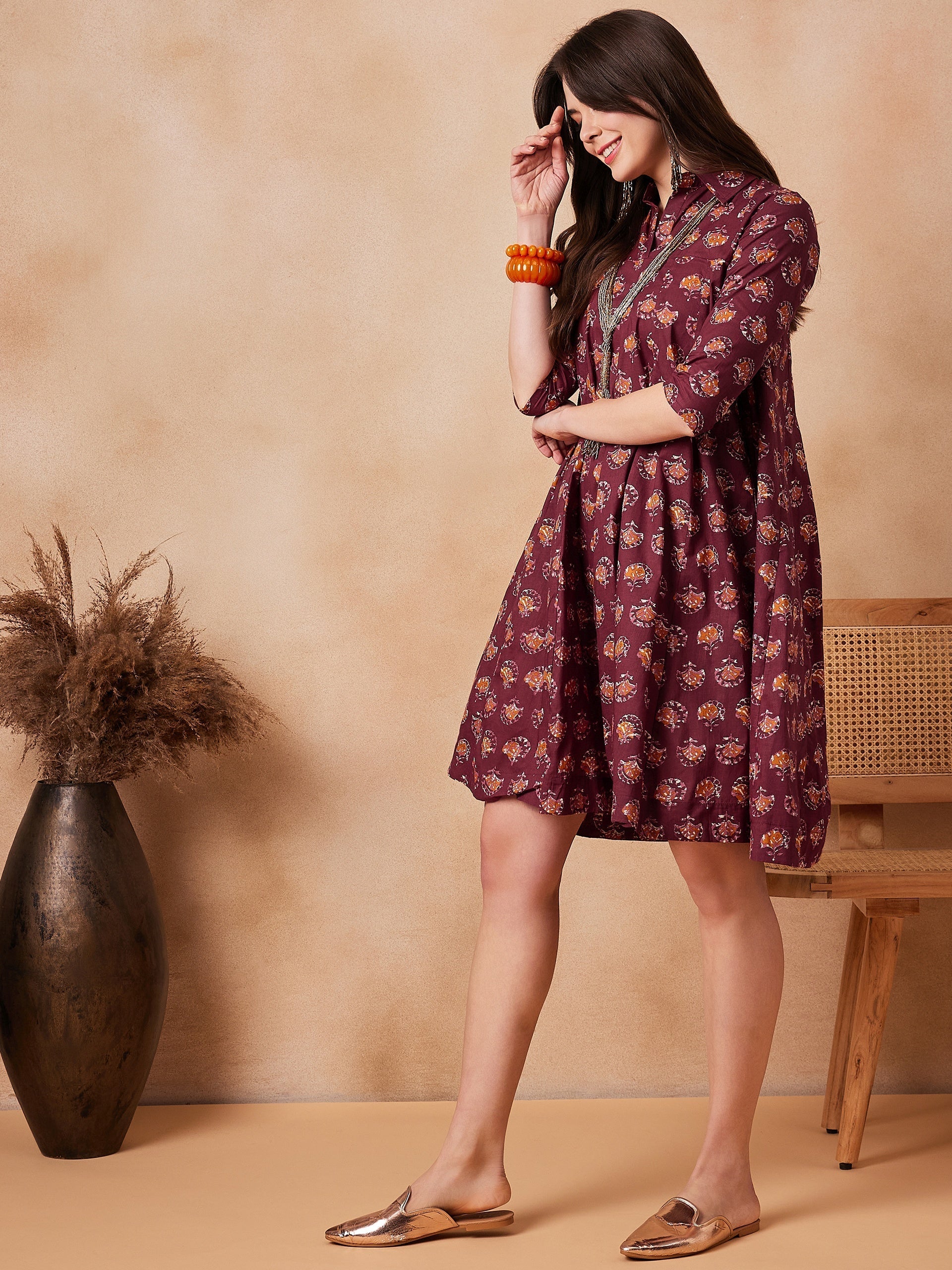 InWeave Burgundy Floral Boota Print Flared Dress | Grocsy